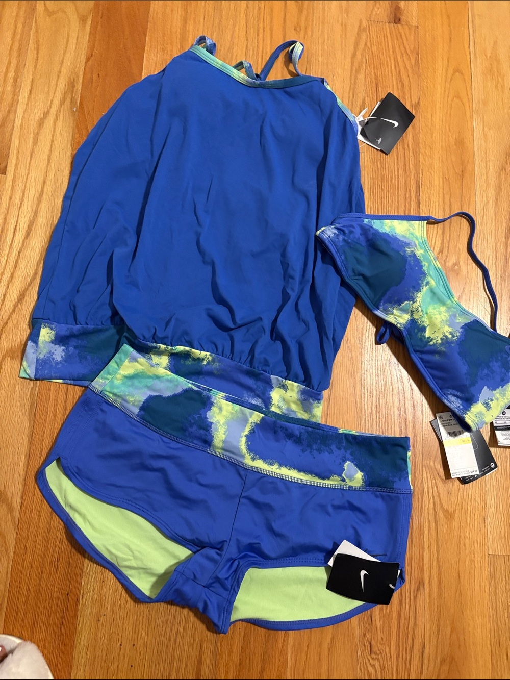 Nike Kids Blue & Lime Tie-Dye Trim 3-Piece Swim Set